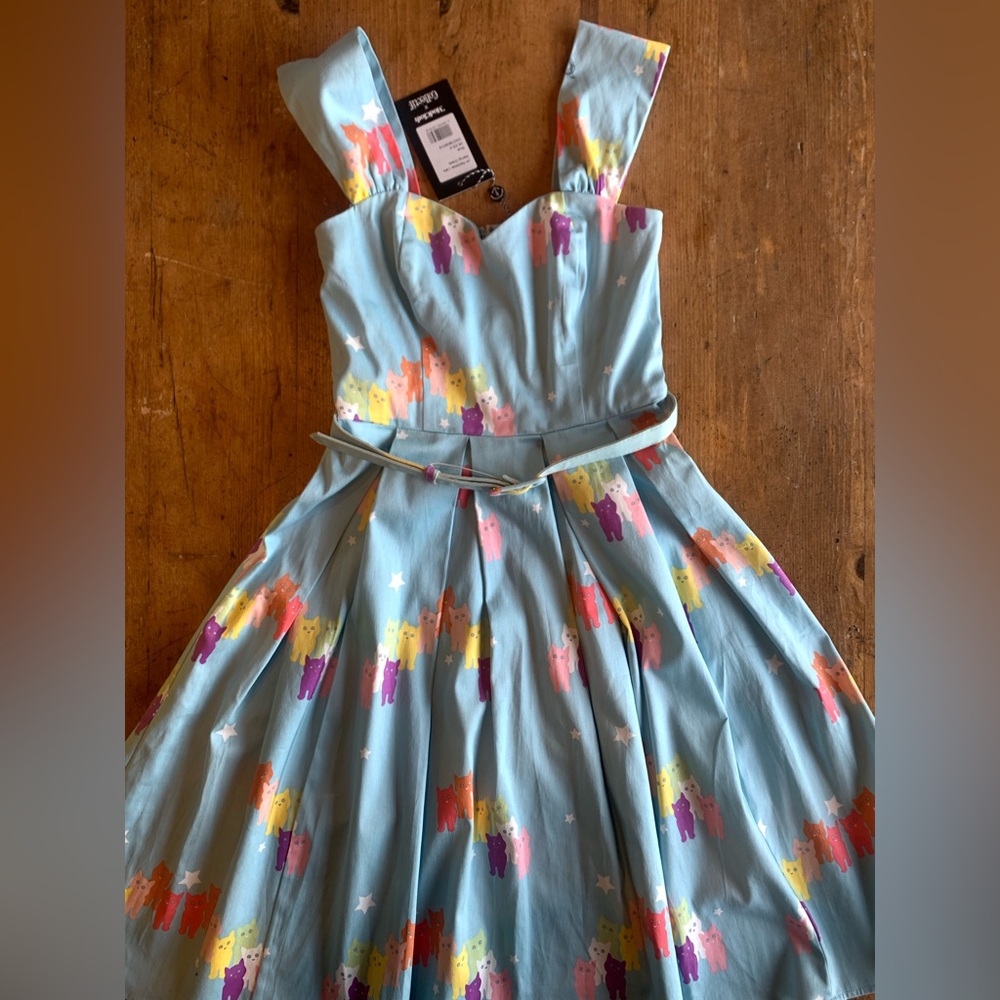 Light Blue Cat Print Fit-and-Flare Dress - Picture 2 of 16